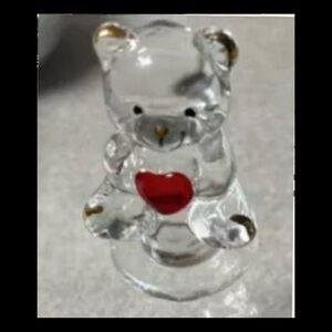 Vintage - Blown Glass Teddy Bear Holding Red Heart - Self Standing 1.75 inch